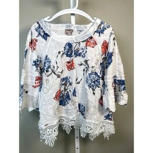 Chico's Top 2 Floral Roses Lace Balloon 3/4 Sleeve White Shirt Large US 12-14